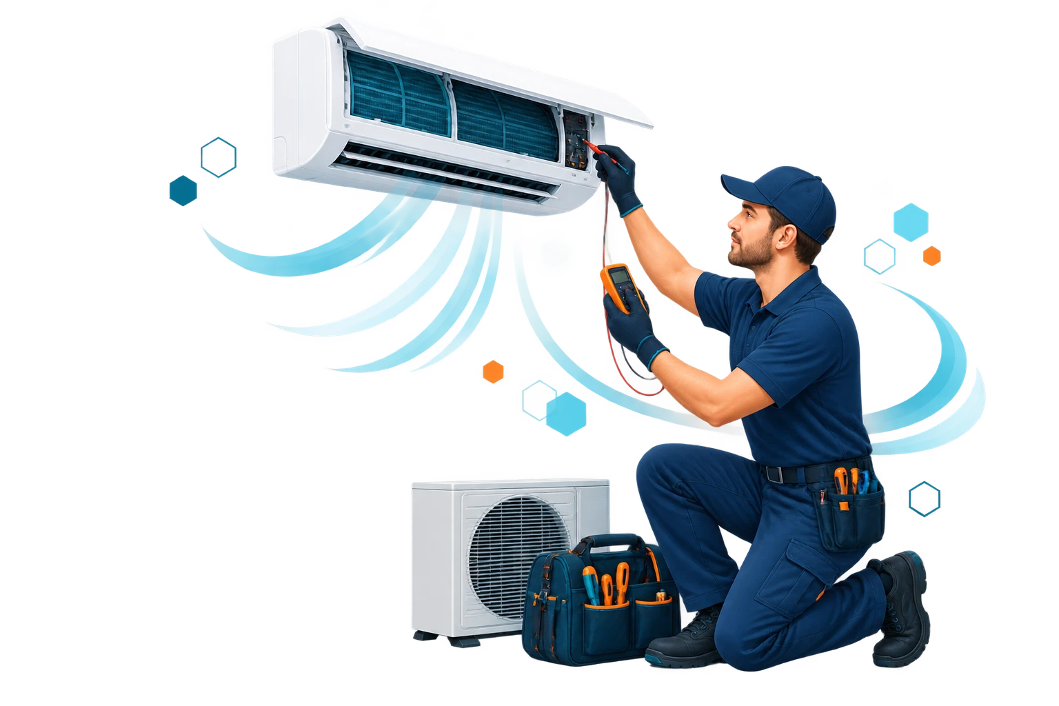 Técnico especializado realizando mantenimiento a un aire acondicionado